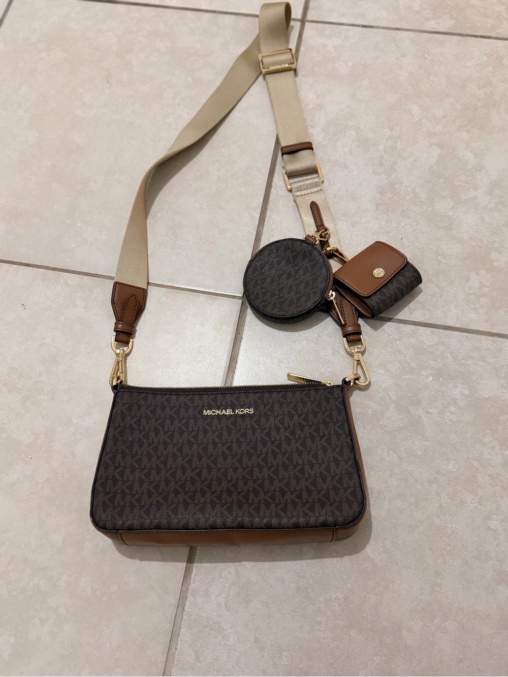 Michael Kors Brown Monogram Crossbody with Coin Pouch and Mini Wallet